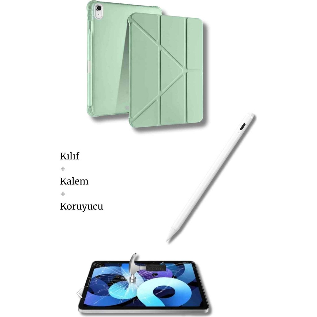 iPad A16 11. Nesil ve 10. Nesil A3355 A2757 Uyumlu Tablet Kılıfı Tablet Kalemi Ekran Koruyucu Set - Açık Yeşil Tablet Kılıfı Fiyatı