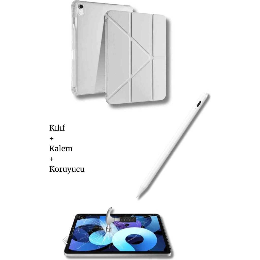 iPad A16 11. Nesil ve 10. Nesil A3355 A2757 Uyumlu Tablet Kılıfı Tablet Kalemi Ekran Koruyucu Set - Gri Tablet Kılıfı Fiyatı