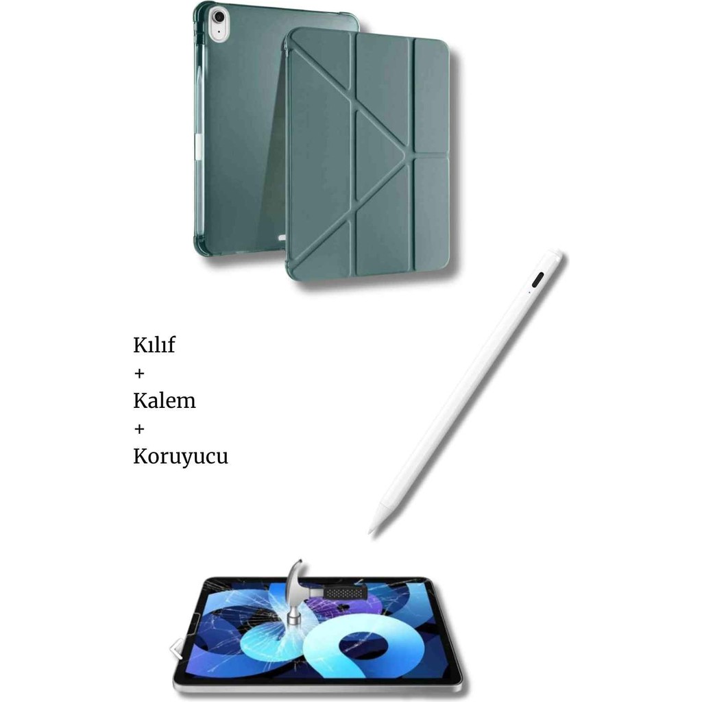 iPad A16 11. Nesil ve 10. Nesil A3355 A2757 Uyumlu Tablet Kılıfı Tablet Kalemi Ekran Koruyucu Set - Koyu Yeşil Tablet Kılıfı Fiyatı