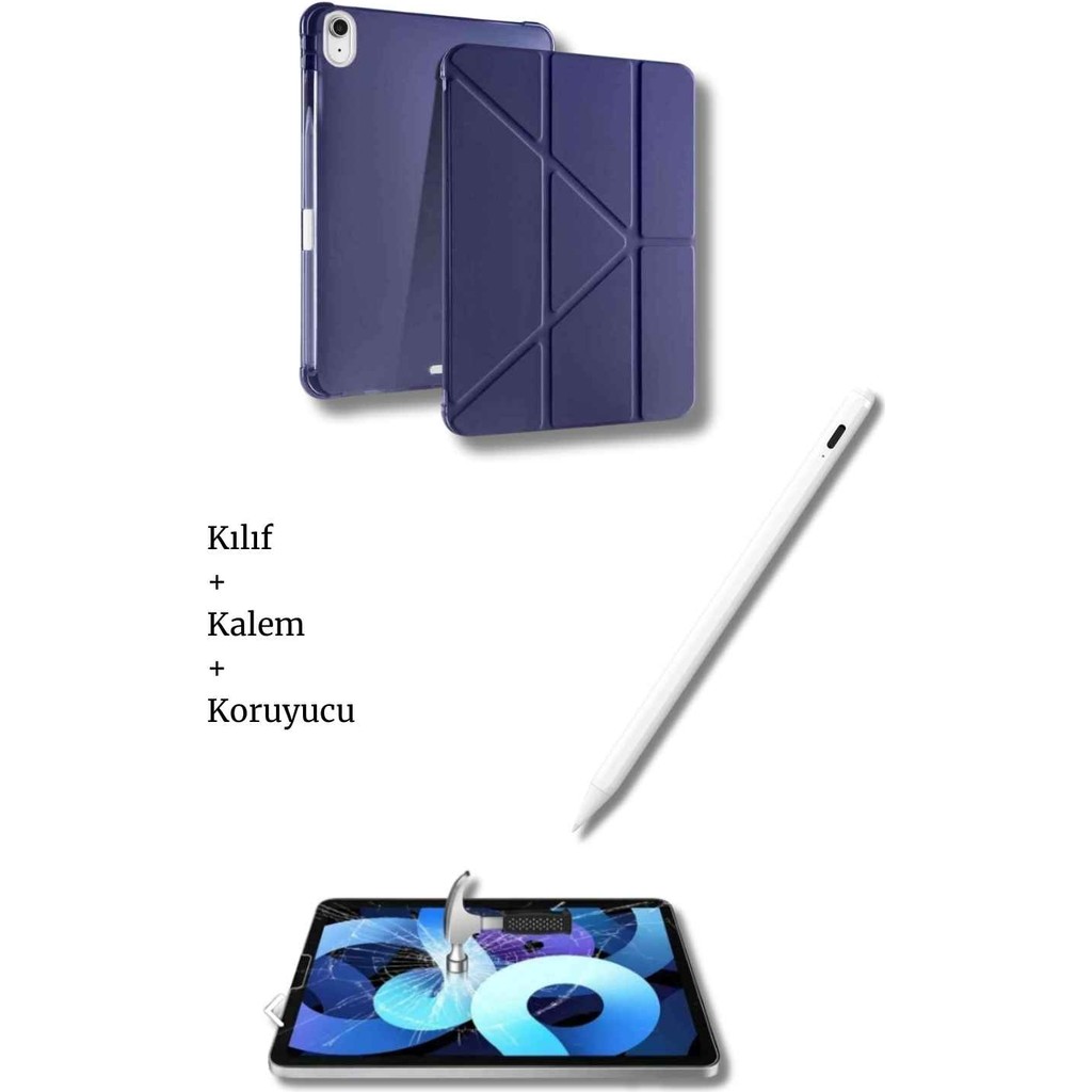 iPad A16 11. Nesil ve 10. Nesil A3355 A2757 Uyumlu Tablet Kılıfı Tablet Kalemi Ekran Koruyucu Set - Lacivert Tablet Kılıfı Fiyatı