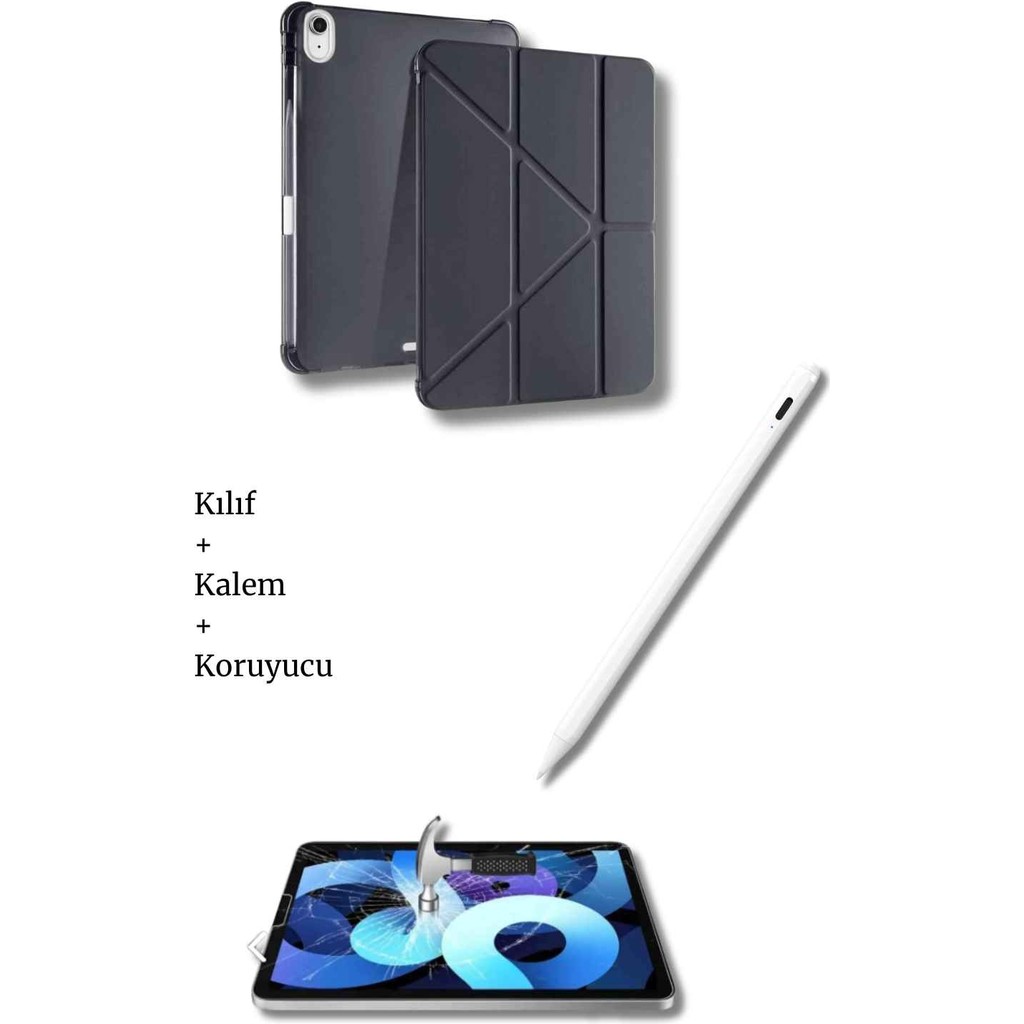 iPad A16 11. Nesil ve 10. Nesil A3355 A2757 Uyumlu Tablet Kılıfı Tablet Kalemi Ekran Koruyucu Set - Siyah Tablet Kılıfı Fiyatı