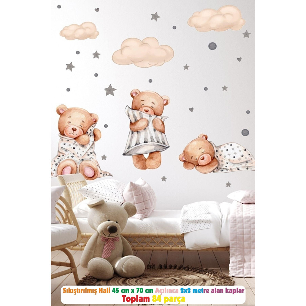 ipek etiket 3lü Uyuyan Ayıcık Bulutlar Ve Yıldızlar Çocuk Bebek Odası Sticker Seti 1 Beden Duvar Stickerı Fiyatı