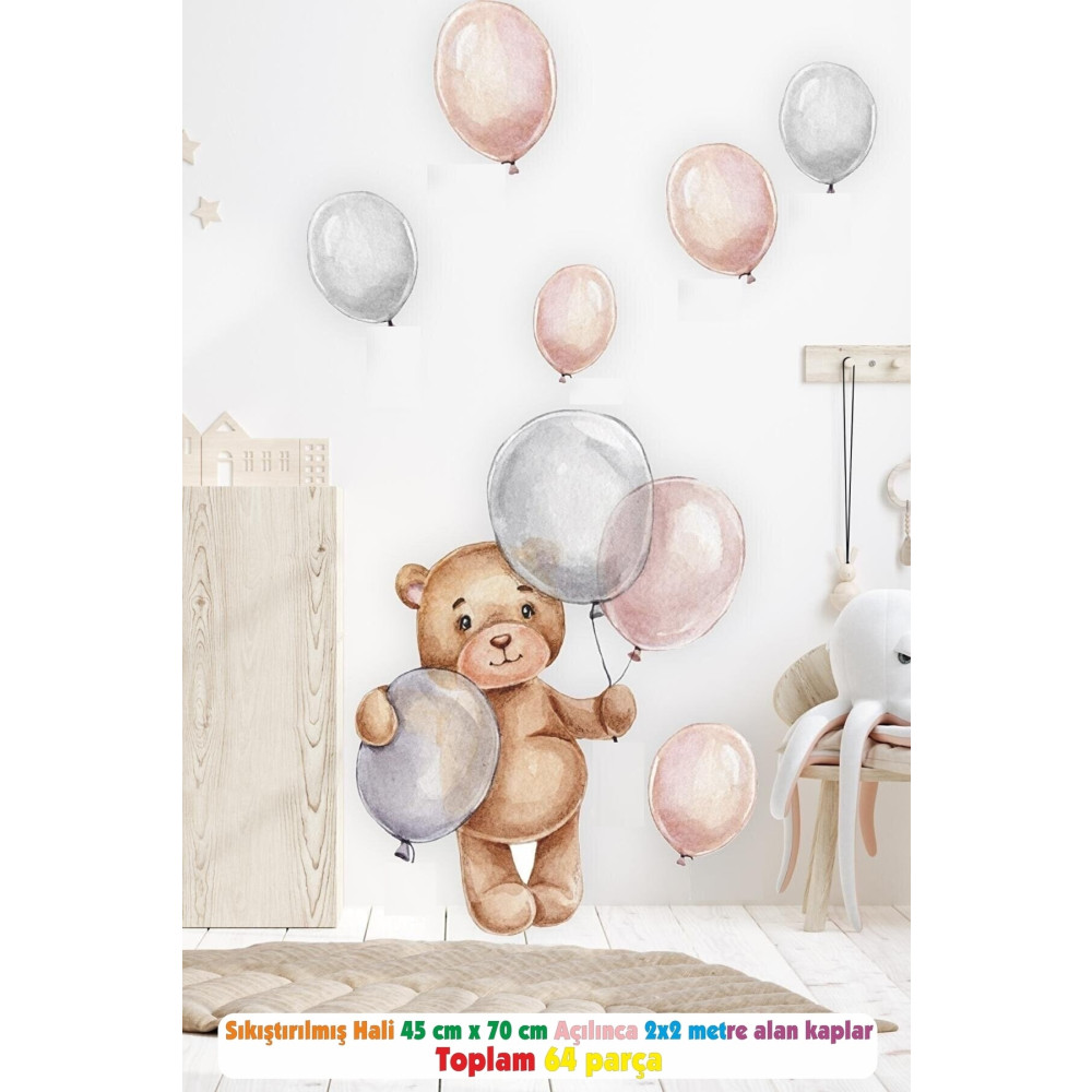 ipek etiket Sevimli Balonlu Ayıcık Ve Balonlar Çocuk Bebek Odası Sticker Seti - Sıkıştırılmış Hali 50x50 1 Beden Duvar Stickerı Fiyatı