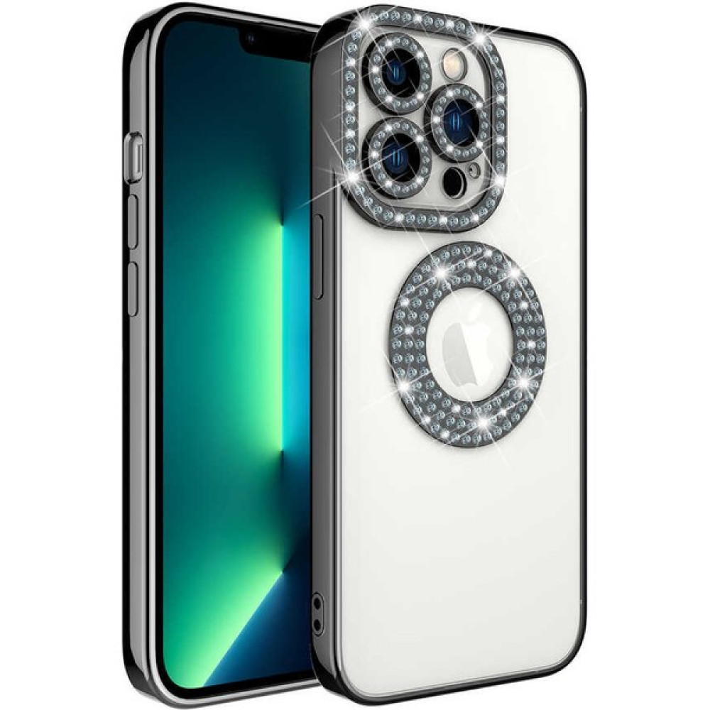 Iphone 12 Pro Max Kılıf Kamera Korumalı Taşlı Parlak Logo Açık Seffaf Kadın Kapak - Siyah Cep Telefonu Kılıfı Fiyatı