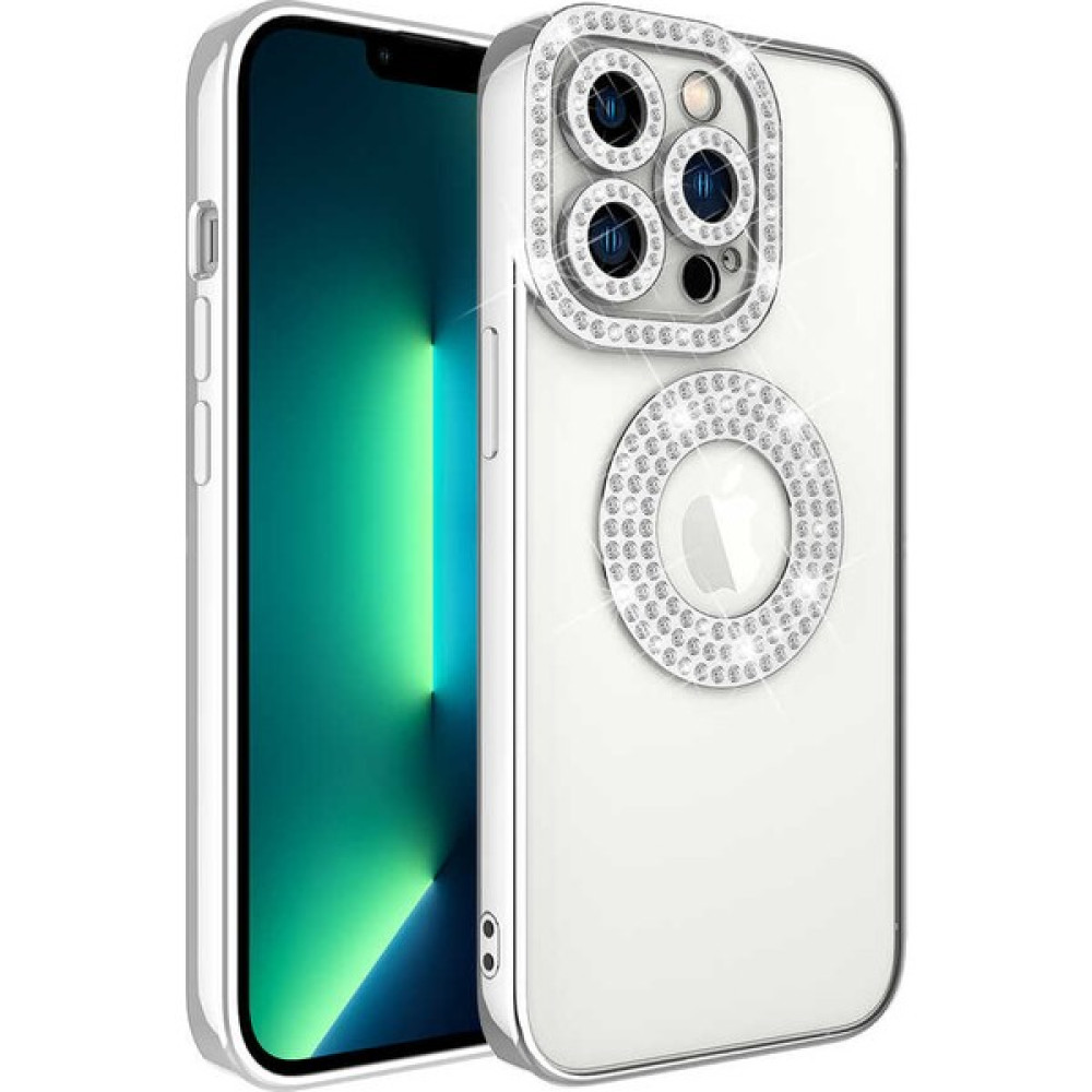 Iphone 13 Pro Max Kılıf Kamera Korumalı Taşlı Parlak Logo Açık Seffaf Kadın Kapak - Gümüş Cep Telefonu Kılıfı Fiyatı