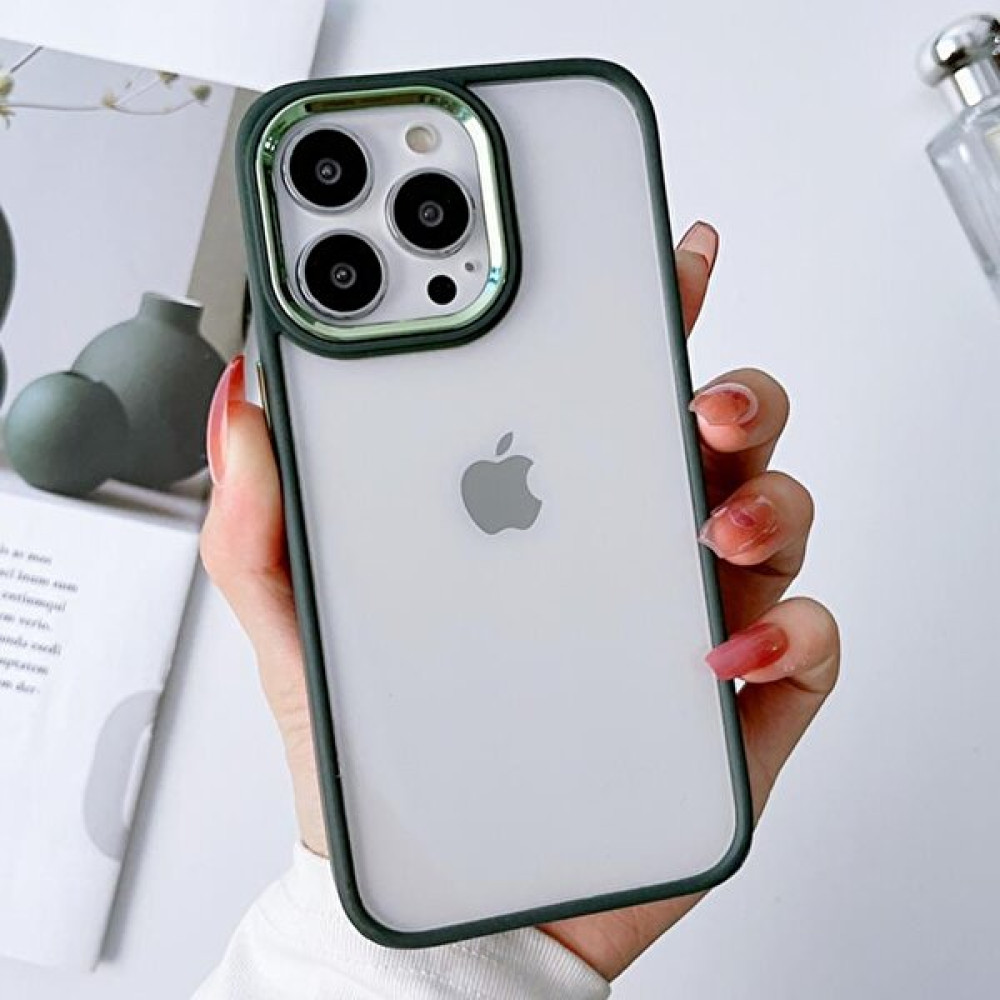 iPhone 14 Pro Max Uyumlu Renkli Nikelaj Krom Kamera Koruma Yükselti Detaylı Kılıf - Haki Cep Telefonu Kılıfı Fiyatı