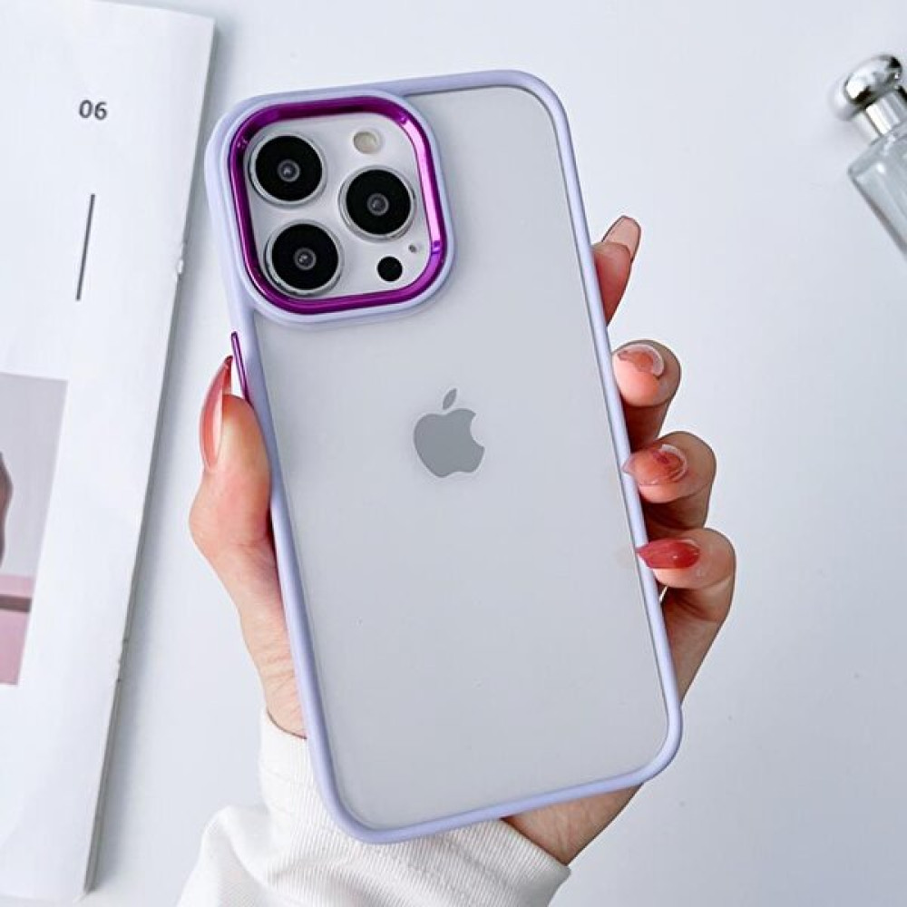 iPhone 14 Pro Max Uyumlu Renkli Nikelaj Krom Kamera Koruma Yükselti Detaylı Kılıf - Lila Cep Telefonu Kılıfı Fiyatı