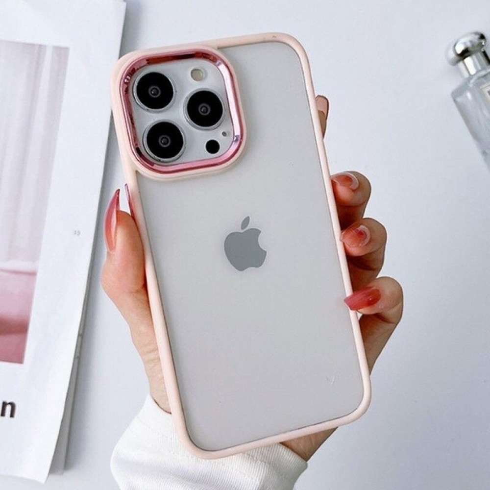 iPhone 14 Pro Max Uyumlu Renkli Nikelaj Krom Kamera Koruma Yükselti Detaylı Kılıf - Pembe Cep Telefonu Kılıfı Fiyatı