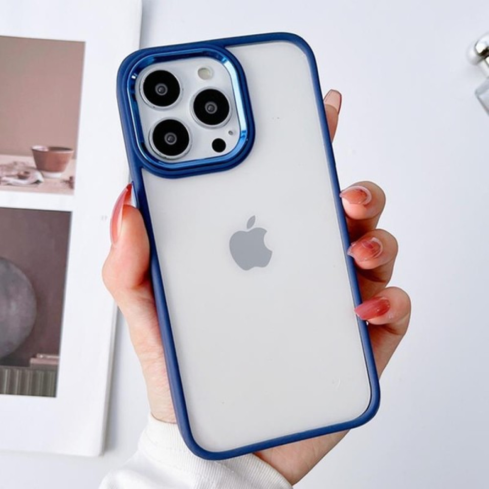 iPhone 14 Pro Uyumlu Renkli Nikelaj Krom Kamera Koruma Yükselti Detaylı Kılıf - Lacivert Cep Telefonu Kılıfı Fiyatı