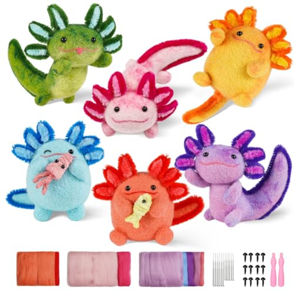 iptek Needle Felting Kit, 6 PCS Farm Animal Needle Felting Beginner Kits, Wool Felt Needle Felting Tools Foam Pad, Craft Party Supplies for Beginners Adult(Axolotl)