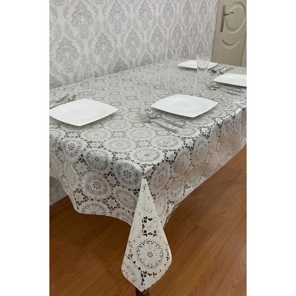 İraş Avm Pvc Şeffaf Kaplamalı Dantel Desenli Silinebilir Muşamba Masa Örtüsü - 140 x 260 cm - Krem Masa Örtüsü Fiyatı