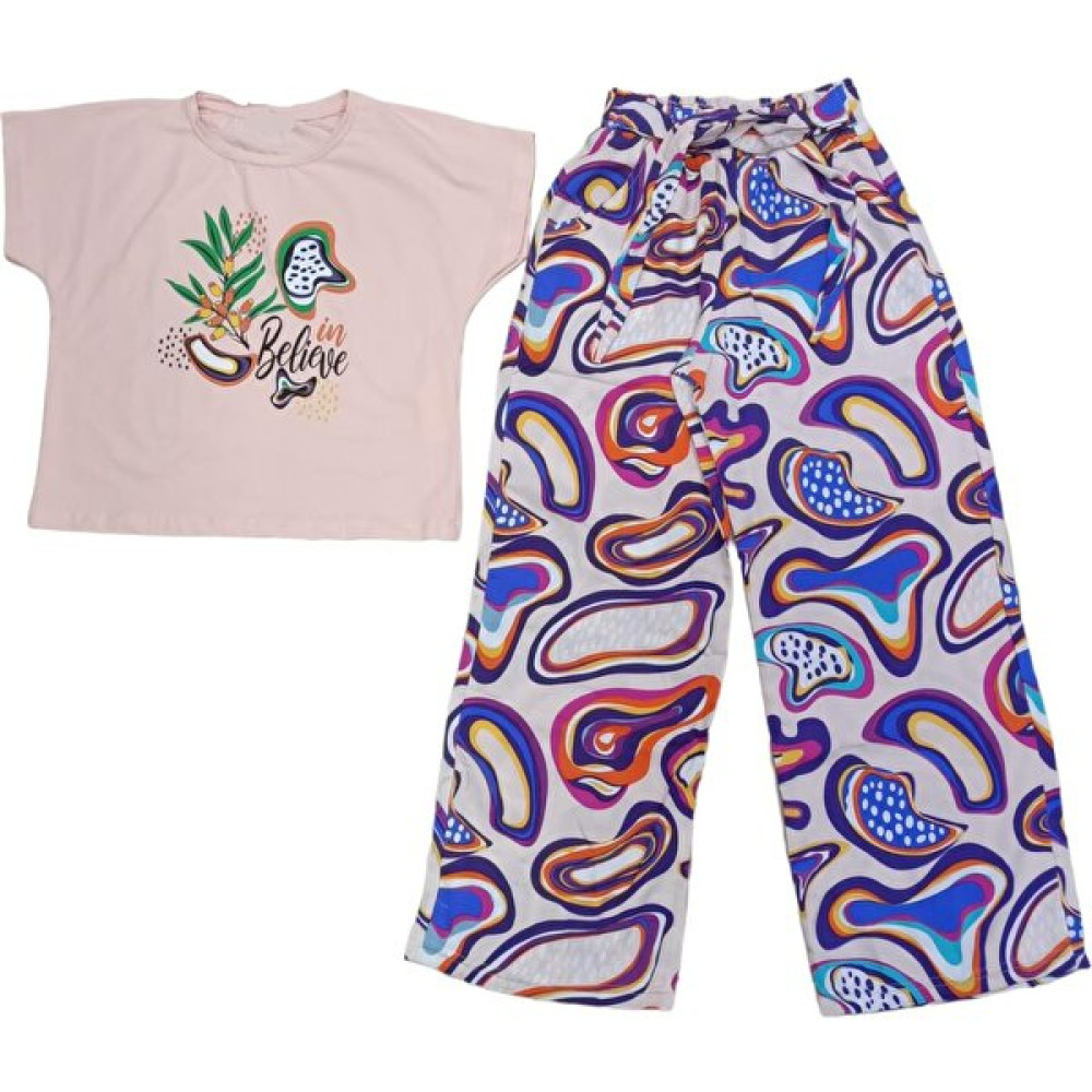 İrem Çocuk Giyim Kız Çocuk Belive Yazı Desenli Crop Tişört Bol Paça Pantolon Takımı Oversize Pudra Kız Çocuk Giyim Takımı Fiyatı