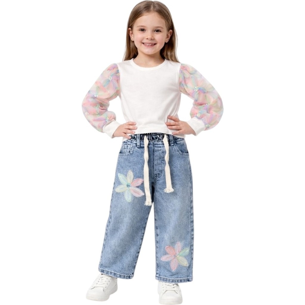 İrem Çocuk Giyim Kız Çocuk Bluzu Pantolonu Çiçek Detaylı Beli Lastikli Geniş Paça Model Pantolon Bluz Takımı Giyim & İç Giyim Fiyatı