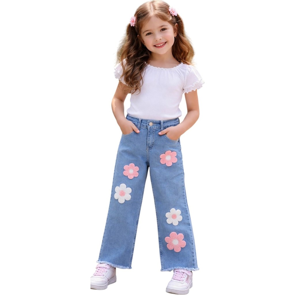 İrem Çocuk Giyim Kız Çocuk Çiçek Nakış Aplikeli Geniş Paça Model Paçası Püsküllü Mavi Renk Kot Pantolon Giyim & İç Giyim Fiyatı