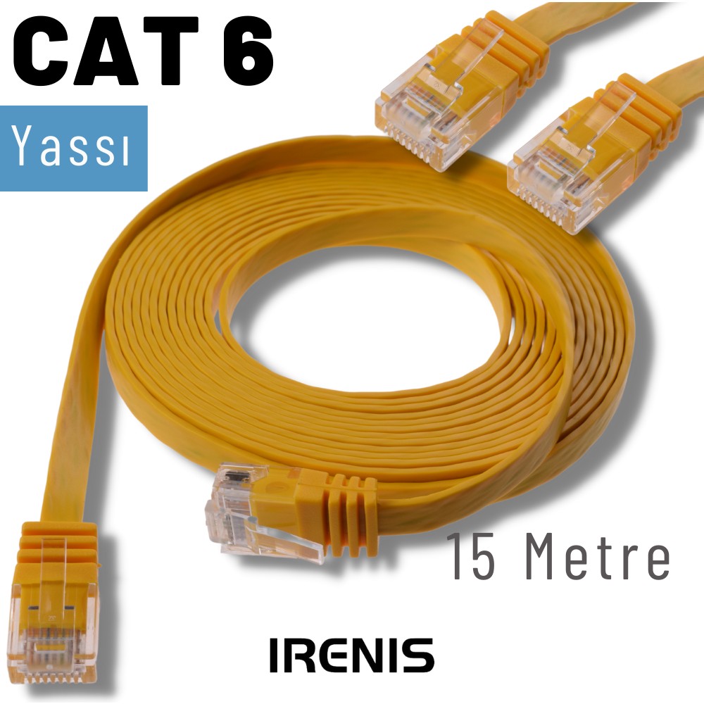 IRENIS 15 Metre Cat6 Kablo Yassı Ethernet Network Lan Ağ Internet Kablosu - Sarı - 15 m SSD / Solid State Drive Fiyatı