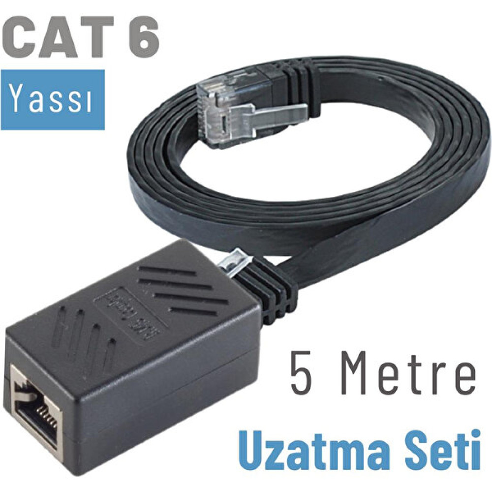 Irenıs 5 Metre Cat6 Kablo Uzatma Seti, Yassı Ethernet Kablo ve Ekleyici - Siyah - 5 m Ağ / Network Kablosu Fiyatı
