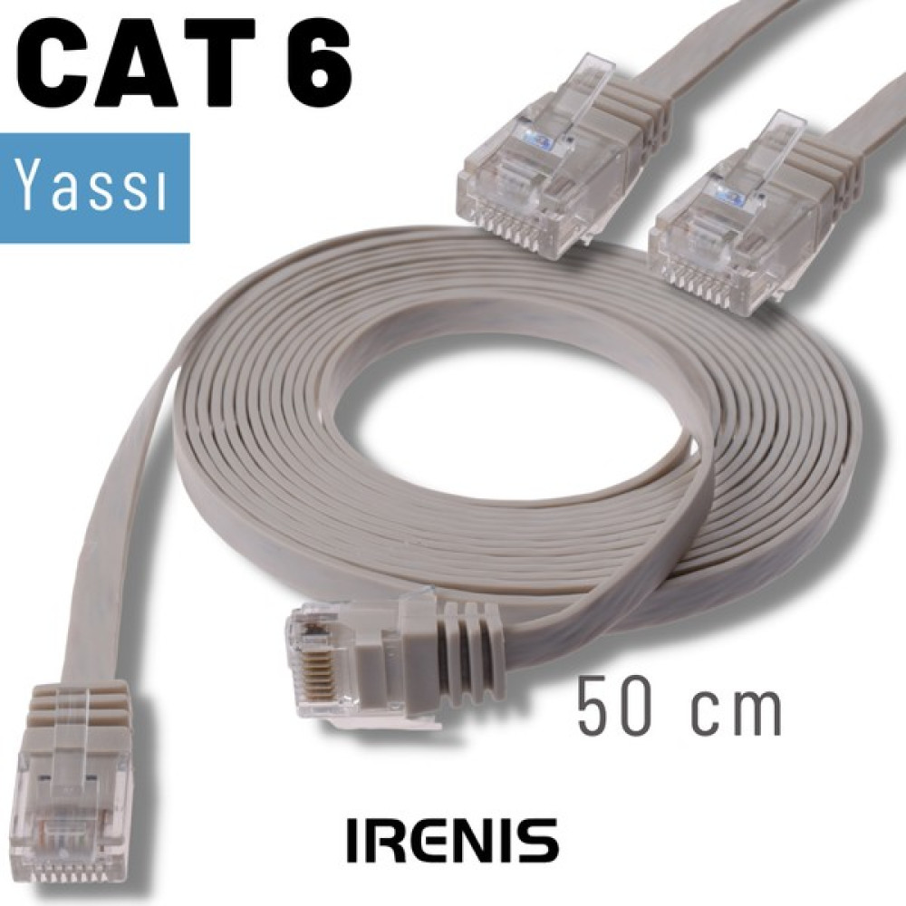 Irenıs 50 cm Cat6 Kablo Yassı Ethernet Network Lan Ağ Internet Kablosu - Gri Ağ / Network Kablosu Fiyatı