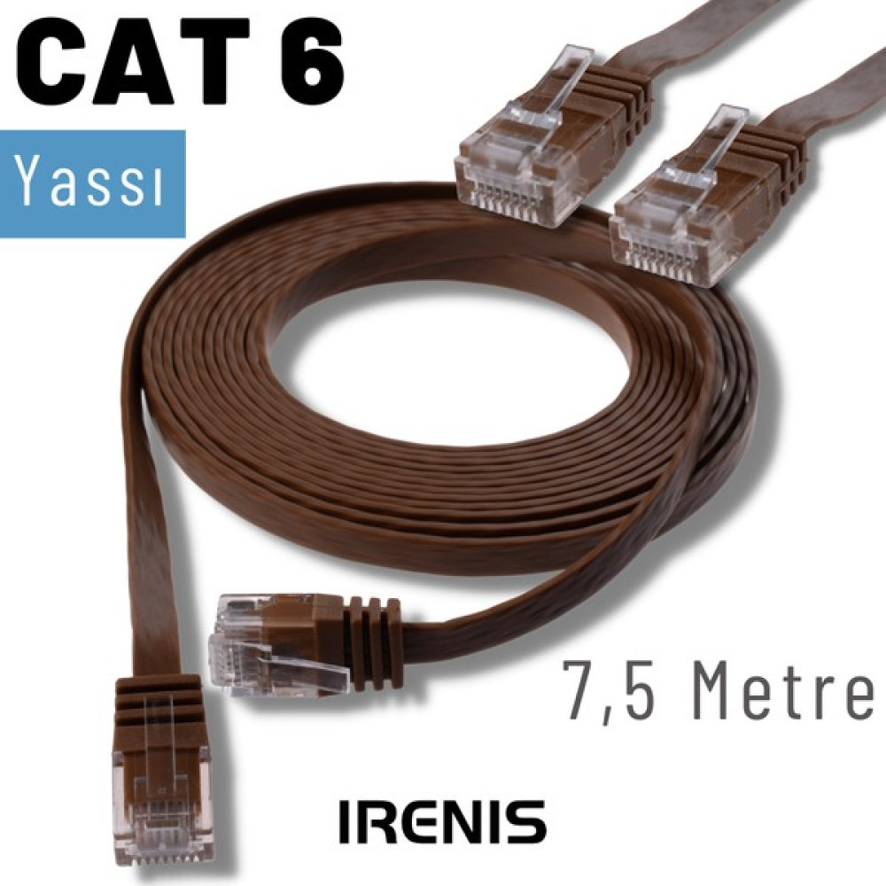 Irenıs 7,5 Metre Cat6 Kablo Yassı Ethernet Network Lan Ağ Internet Kablosu - Kahverengi - 7,5 m Ağ / Network Kablosu Fiyatı