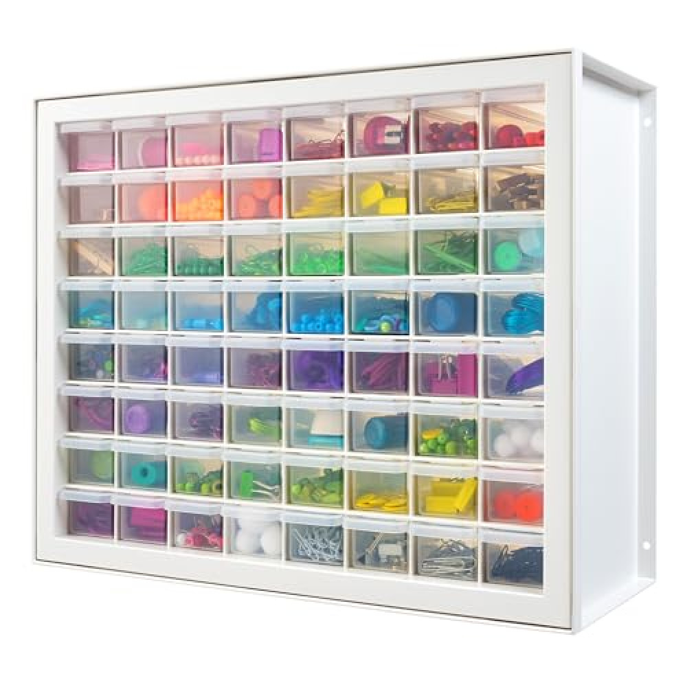IRIS USA Bead Storage Drawer, Screw Organizer, Hardware Storage Organizer, 64 Small Drawer Parts Cabinet, Rhinestone, Small Parts, Nuts and Bolts, Tool Storage, Scrapbook Art Hobby - White