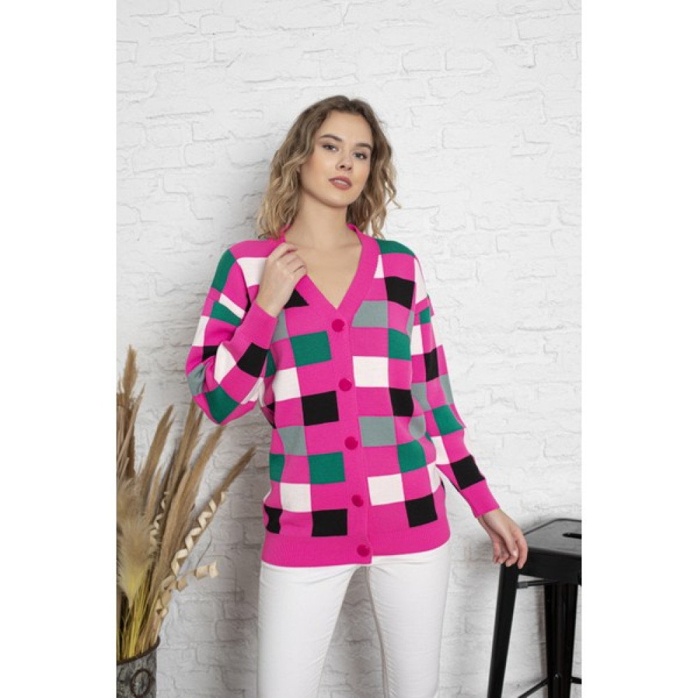 Irmak Kerekli Kadın Kare Desenli Oversize Triko Hırka, Triko Hırka, Kadın Hırka, Kadın Oversize Hırka, Fuşya Hırka Kadın Hırka Fiyatı