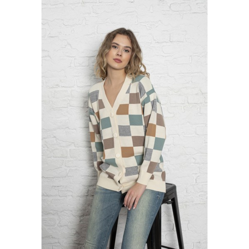 Irmak Kerekli Kadın Kare Desenli Oversize Triko Hırka, Triko Hırka, Kadın Hırka, Kadın Oversize Hırka, Krem Hırka Kadın Hırka Fiyatı