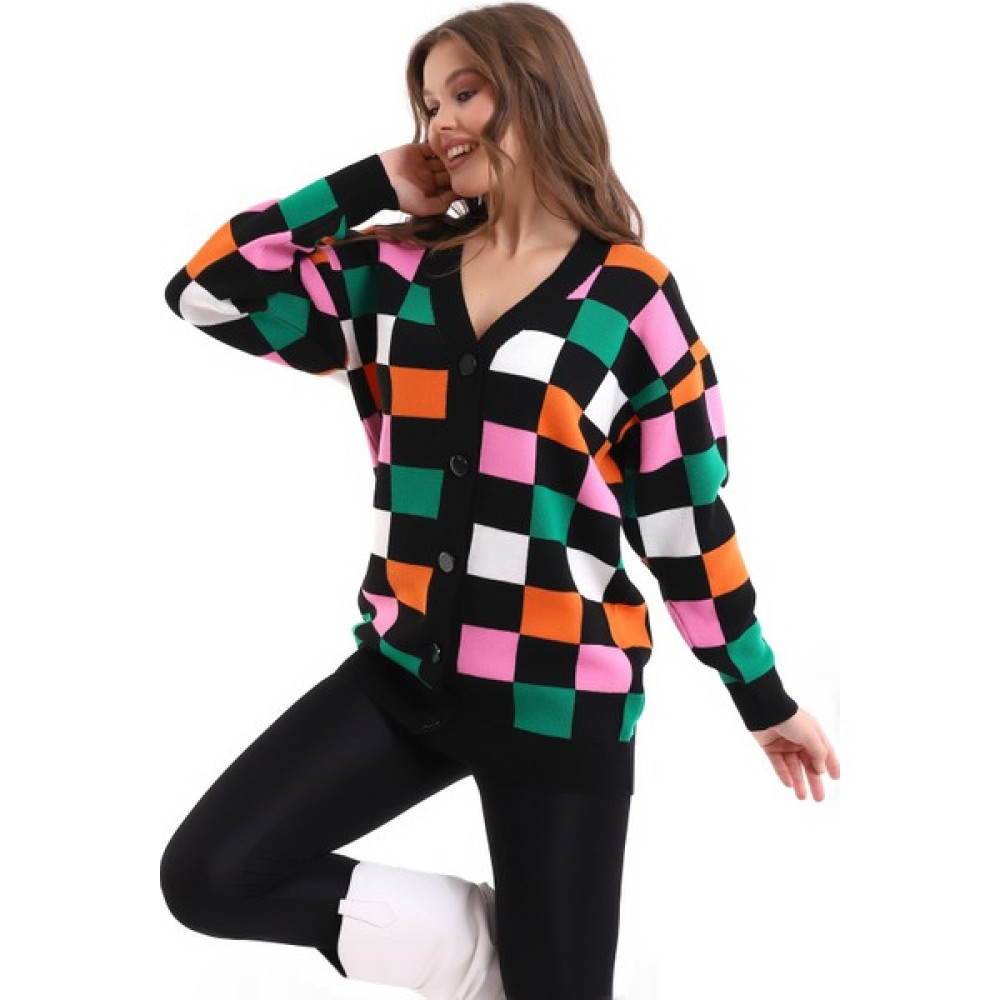 Irmak Kerekli Kadın Kare Desenli Oversize Triko Hırka, Triko Hırka, Kadın Hırka, Kadın Oversize Hırka, Siyah Hırka Kadın Hırka Fiyatı