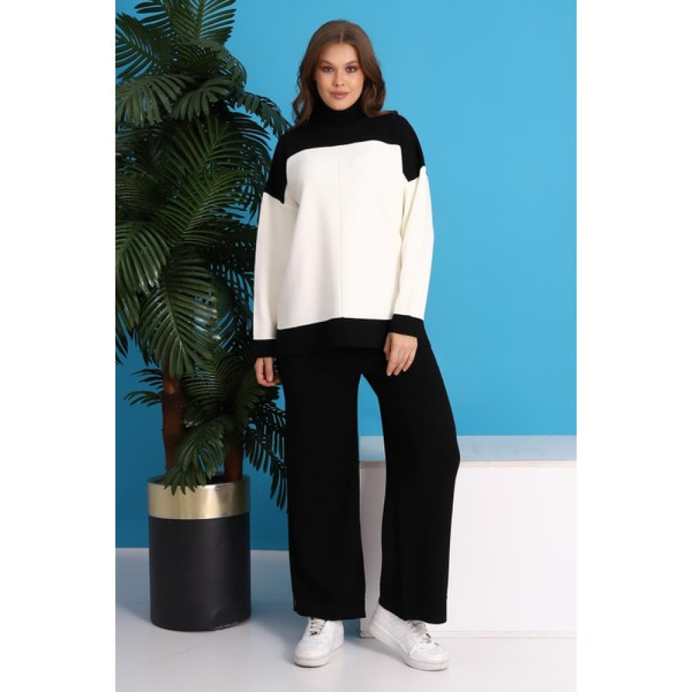 Irmak Kerekli Kadın Oversize Color Block Triko Alt Üst Eşofman Takımı,kışlık Eşofman Takımı, Oversize Eşofman Takımı, Siyah Beyaz Eşofman Takımı Kadın Eşofman Fiyatı