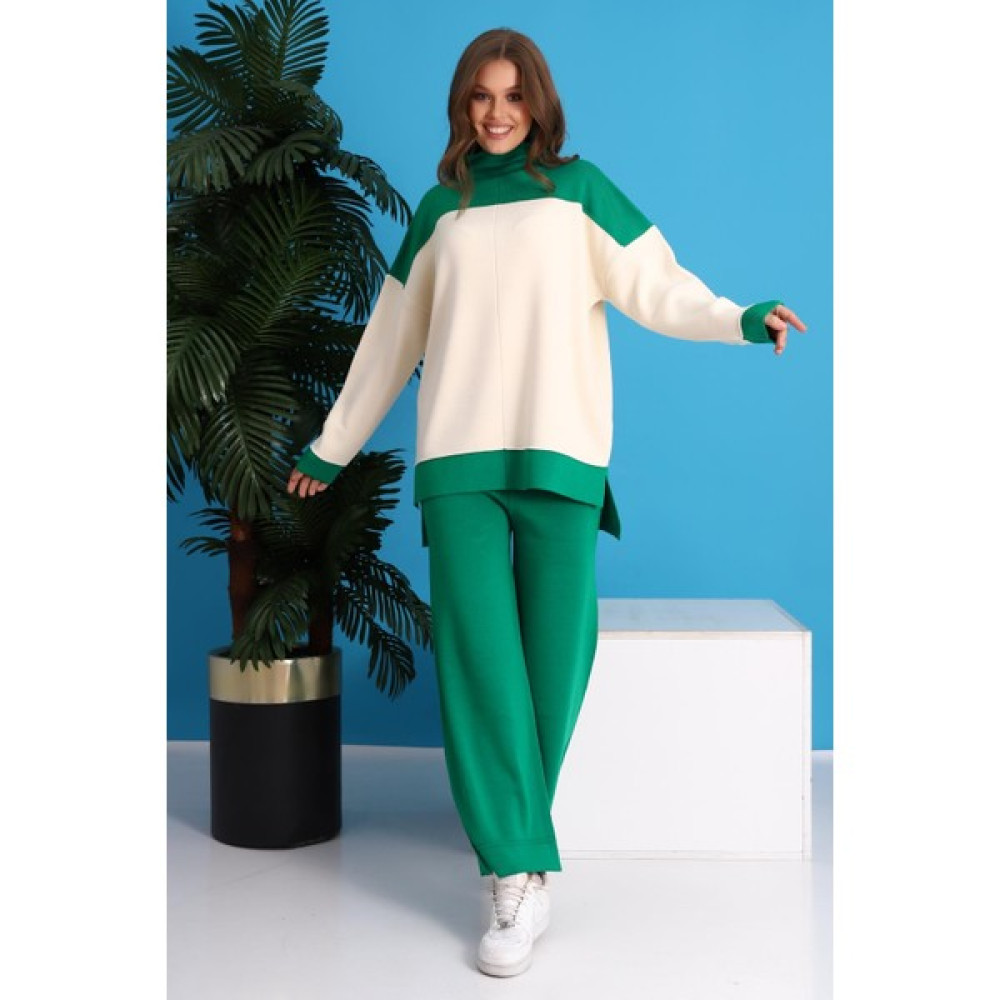 Irmak Kerekli Kadın Oversize Color Block Triko Alt Üst Eşofman Takımı,kışlık Eşofman Takımı, Oversize Eşofman Takımı, Yeşil Ekru Eşofman Takımı Kadın Eşofman Fiyatı