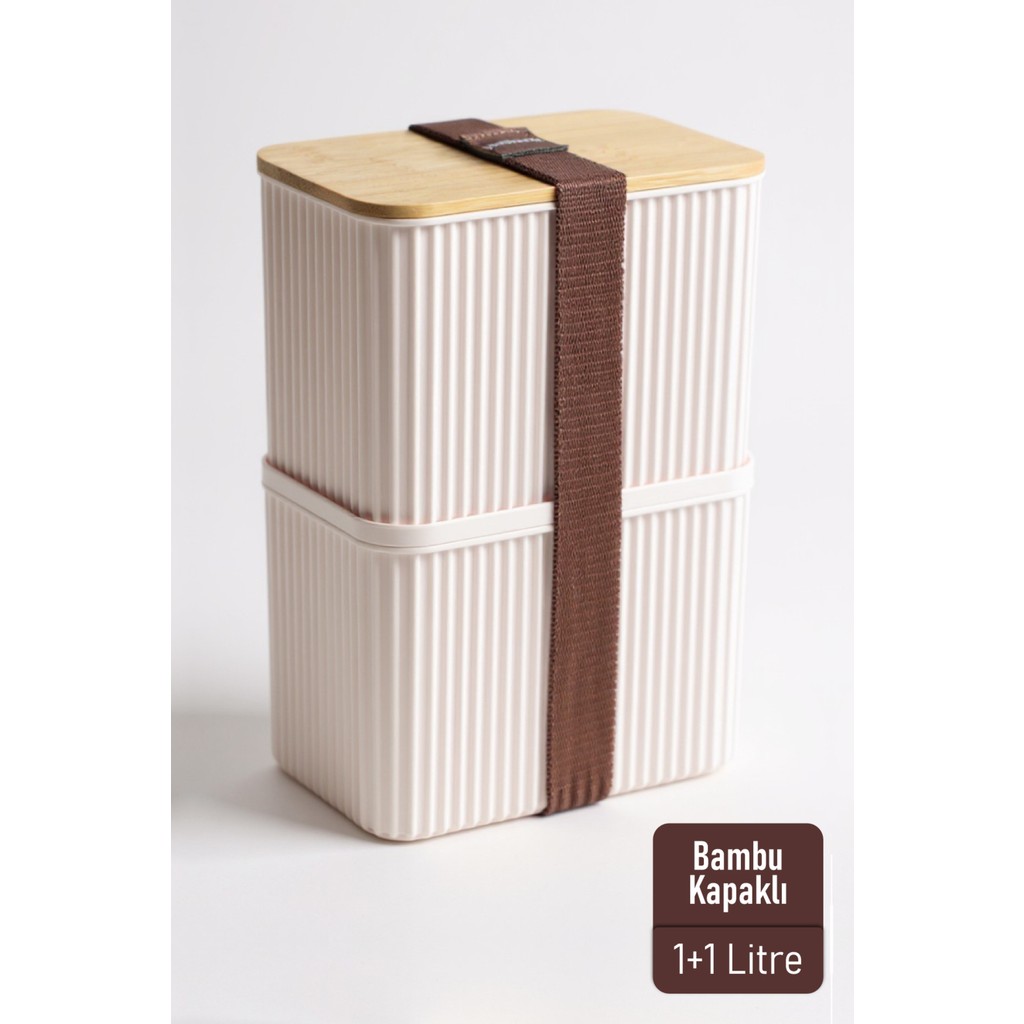 Ironika 1+1 2 Litre Bambu Kapaklı Erzak Gıda Bakliyat Saklama Kabı Mutfak Organizeri - 2 lt - Ekru Eşya Saklama / Düzenleme Fiyatı