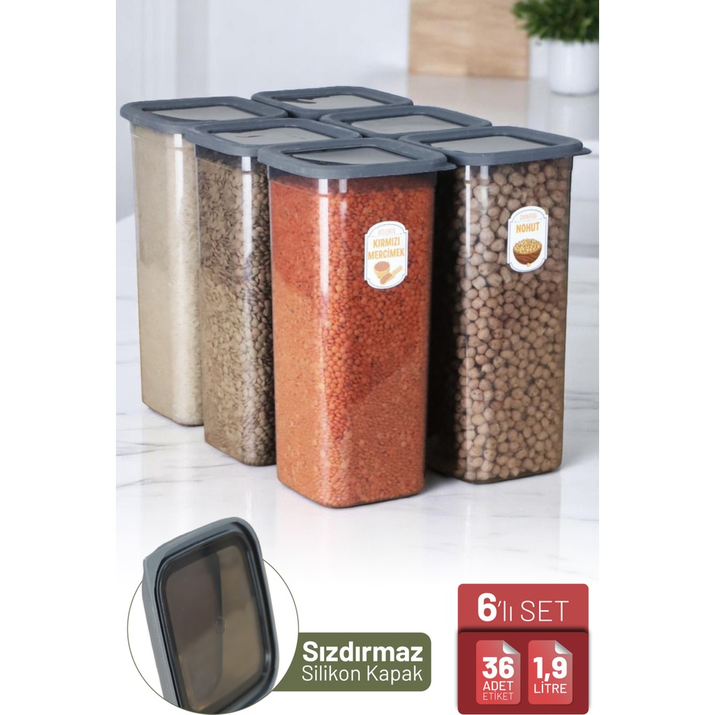 Ironika 6'lı Sızdırmaz Silikon Kapaklı Etiketli Jumbo Boy 1900 ml Kare Erzak Bakliyat Saklama Kabı Antrasit Eşya Saklama / Düzenleme Fiyatı