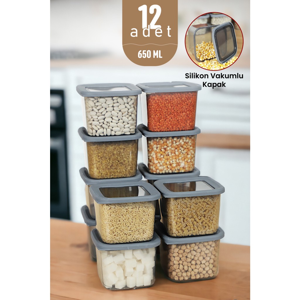 İronika Kaşıklı Kapaklı Erzak Bakliyat Saklama Kabı Kare Saklama Kutusu Seti 12 Adet 650 ML Çatal / Kaşık / Bıçak Takımları Fiyatı