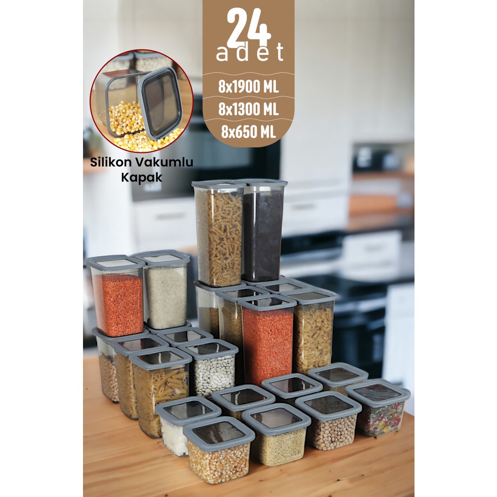 Ironika Kaşıklı Kapaklı Erzak Bakliyat Saklama Kabı Kare Saklama Kutusu Seti 24 Adet 1900-1300-650 ML Çatal / Kaşık / Bıçak Takımları Fiyatı