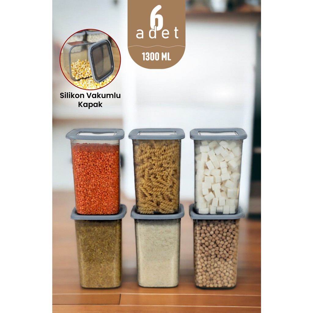 İronika Kaşıklı Kapaklı Erzak Bakliyat Saklama Kabı Kare Saklama Kutusu Seti 6 Adet 1300 ML Eşya Saklama / Düzenleme Fiyatı