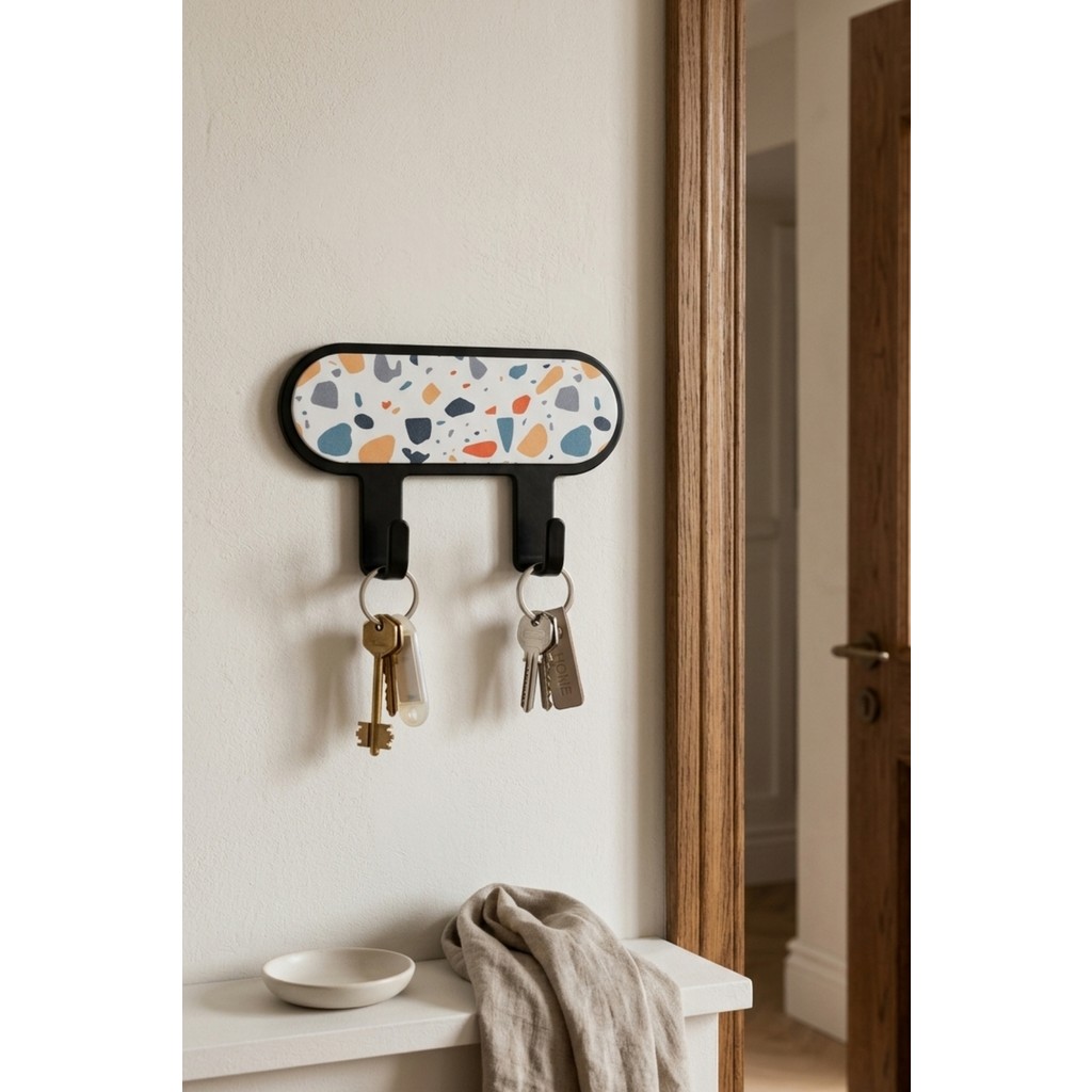 Ironika Metal 2 Kancalı Yapışkanlı Desenli Anahtarlık Banyo Mutfak Havlu Askısı Siyah - Antrasit El / Yüz Havlusu Fiyatı