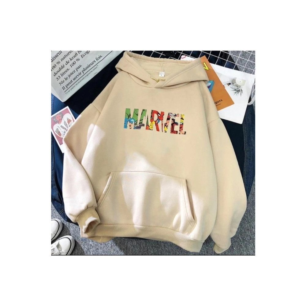 İsaac Unisex Bej Marvel Baskılı Kapüşonlu Sweatshirt S Beden Bayan Sweatshirt Fiyatı