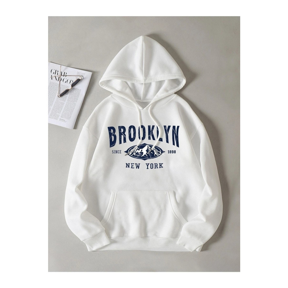 İsaac Unisex Beyaz Mavi Brooklyn Baskılı Kapüşonlu Sweatshirt L Beden Bayan Sweatshirt Fiyatı