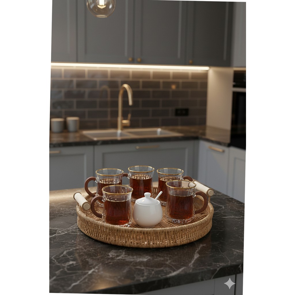 iselahome Ravena Rattan Dekoratif Sunum Servis Tepsisi 36 cm Ahşap Saplı Yuvarlak Tepsi - 0 - 3 L Servis Tepsisi Fiyatı