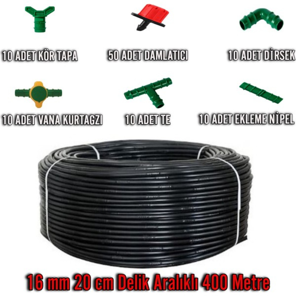 İsem 400 Metre 16 mm 20 cm Delikli Damlama Sulama Hortumu Boru Seti ve Ek Parçaları Bahçe Malzemeleri Fiyatı