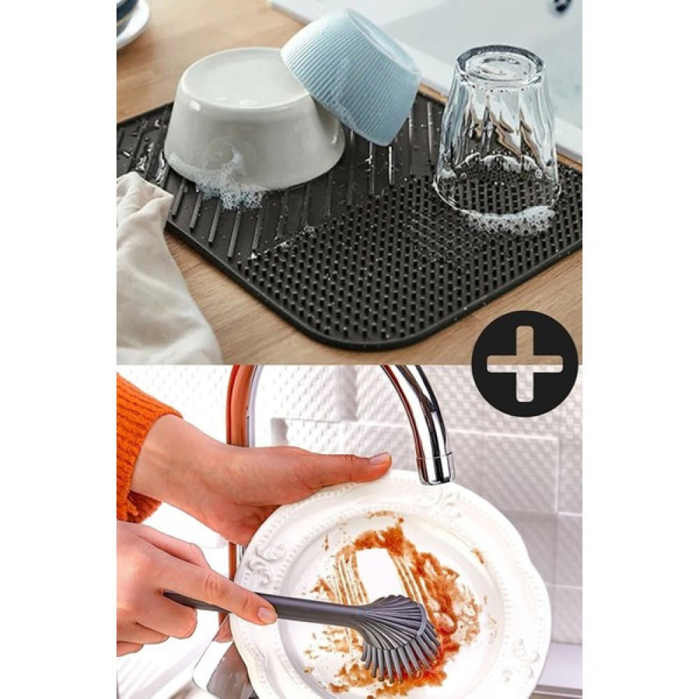 İsg Store Silikon Bulaşık Kurutma Matı ve Silikon Uçlu Bulaşık ve Lavabo Fırçası 2'li Set Antrasit Renk Pratik Mutfak Gereçleri Fiyatı