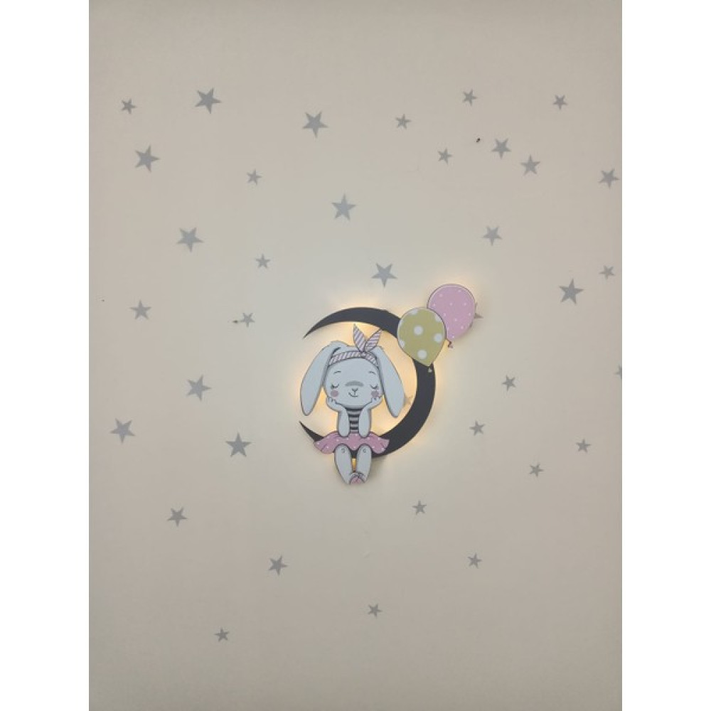 Işıklı Toplar Türkiye Çocuk Odası Dekoratif Ahşap Bulut Uv Baskı Ay Üzeri Tavşan Gece Lambası Ledli Aydınlatma - Renkli - 40x20 Bebek-Çocuk Odası Fiyatı