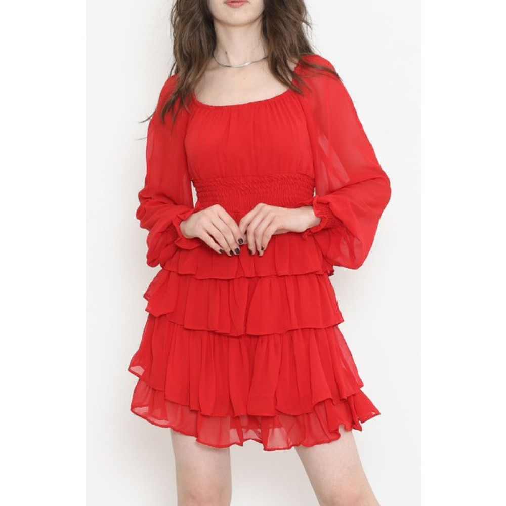 Işıltı Moda Kat Kat Şifon Elbise Kırmızı - 17742.1247. Elbise Fiyatı
