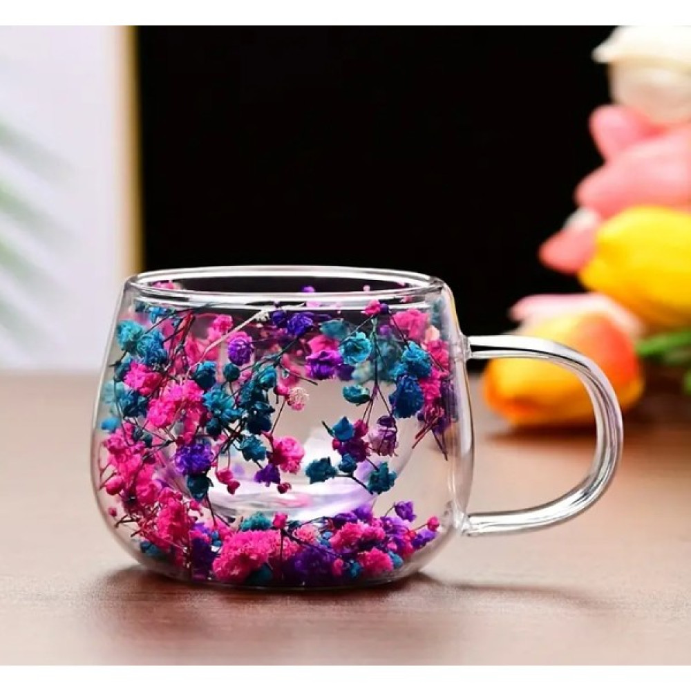 Isıya Dayanıklı Çift Cidarlı Kurutulmuş Canlı Çiçekli Mor Mavi Kupa - 125 ml - Karışık İşleme Fincan / Bardak / Kahve Takımı Fiyatı