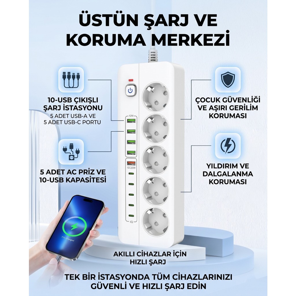 Isıya Dayanıklı Power Tuşlu 5'li Grup Priz 5x USB 5x Type-C Çıkışlı Priz 2 mt Kablolu - Beyaz Bilgisayar Çevirici ve Adaptörü Fiyatı