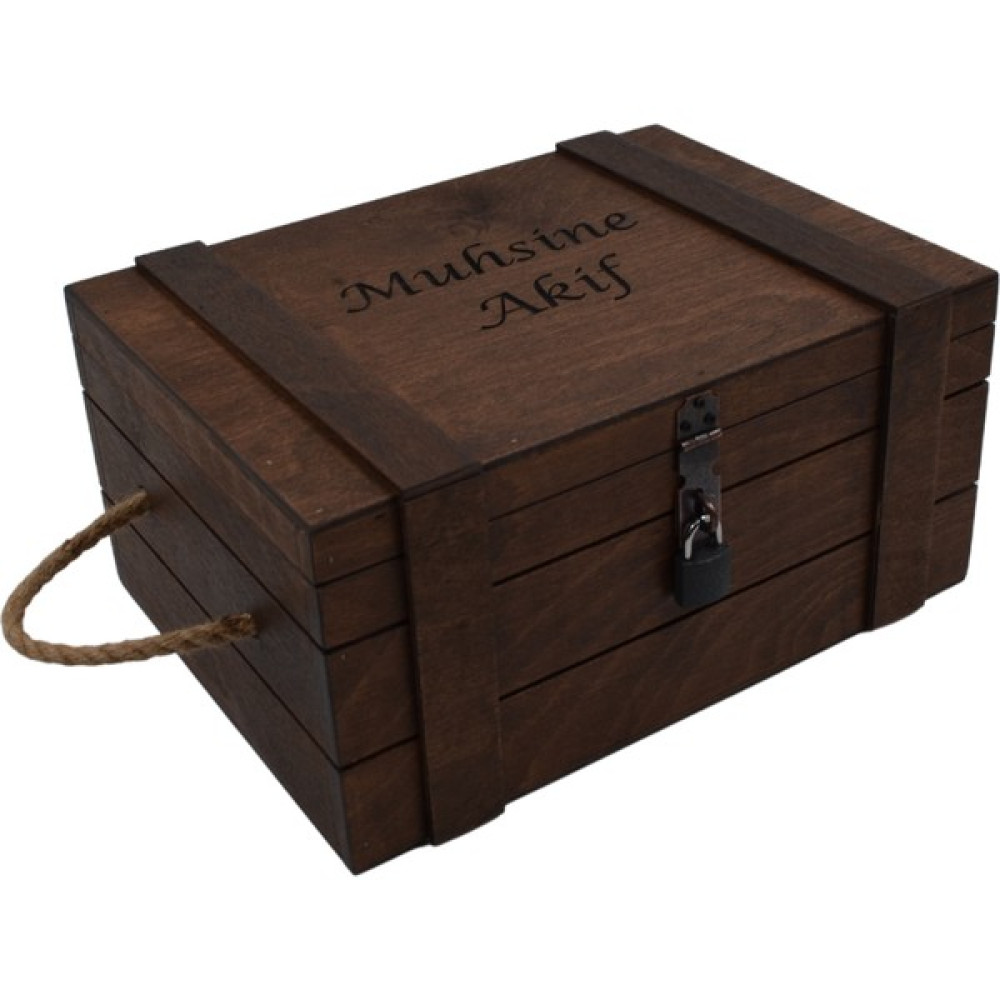 Isme Özel Kilitli Ahşap Kutu Ceviz Renk 27X22CM Genişlik 12CM Yükseklik - Kahverengi Eşya Saklama Kutusu Fiyatı