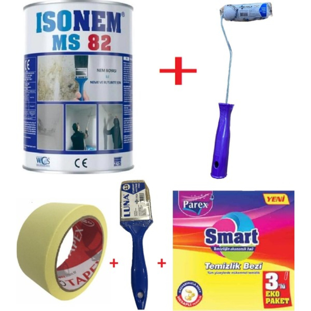 İsonem Ms 82 Nem ve Rutubet Küf Boyası 1+1 kg + Izmir Fırça Epoksi Rulo 10 cm + 2.5 No Fırça + 3 cm Maskeleme Bandı + Temizlik Bezi - 2 Kg İç Cephe Duvar Boyası Fiyatı