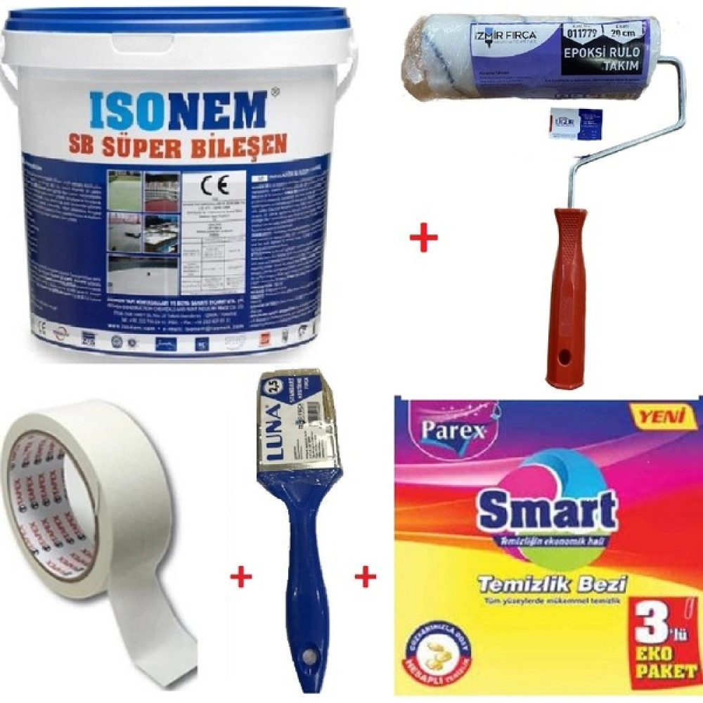 Isonem Sb Süper Bileşen Su Yalıtımı Beyaz + Izmir Fırça Epoksi Rulo 20 Cm + Izmir Fırça Luna 2.5 Cm Kestirme Fırça + 3 Cm Maskeleme Bandı + Parex S... Dış Cephe Yalıtım Malzemeleri Fiyatı