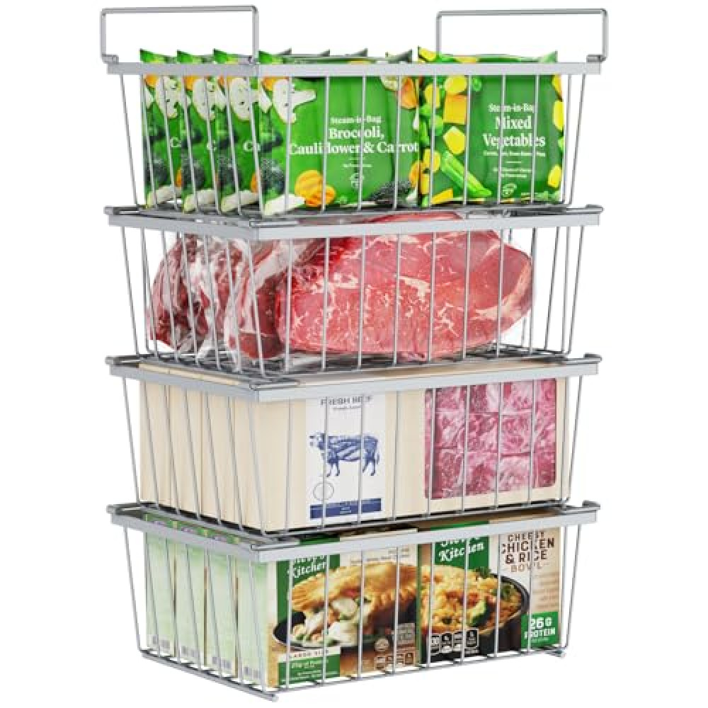 iSPECLE Deep Freezer Organizer Bins - 4 Pack Medium Stackable Freezer Organizer for 5 Cu Ft Chest Freezer Sort Frozen Food, Freezer Organizer Bins Easy Access to Bottom Food without Digging, Grey