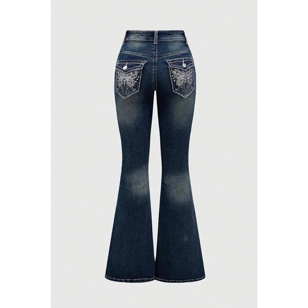 İsra Ayyıldız Moonstar Collection Lacivert Cross Kelebek Işlemeli Yıkamalı Ispanyol Paça 2000S Y2K Pantolon Giyim & İç Giyim Fiyatı