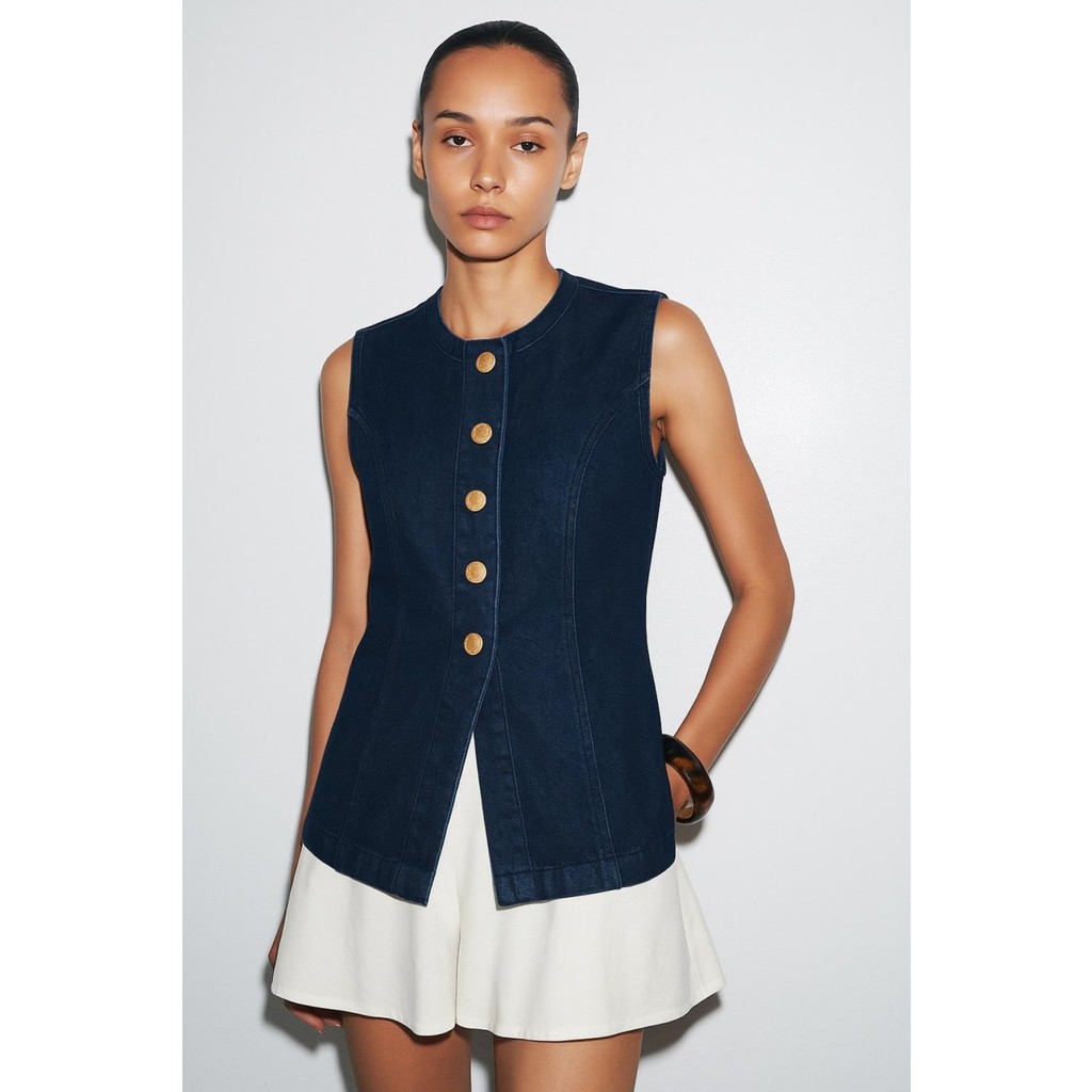 IST Gold Denim Yelek Kadın Düğmeli Dikiş Detaylı Denizci Mavisi Regular Fit Stil Diğer Fiyatı