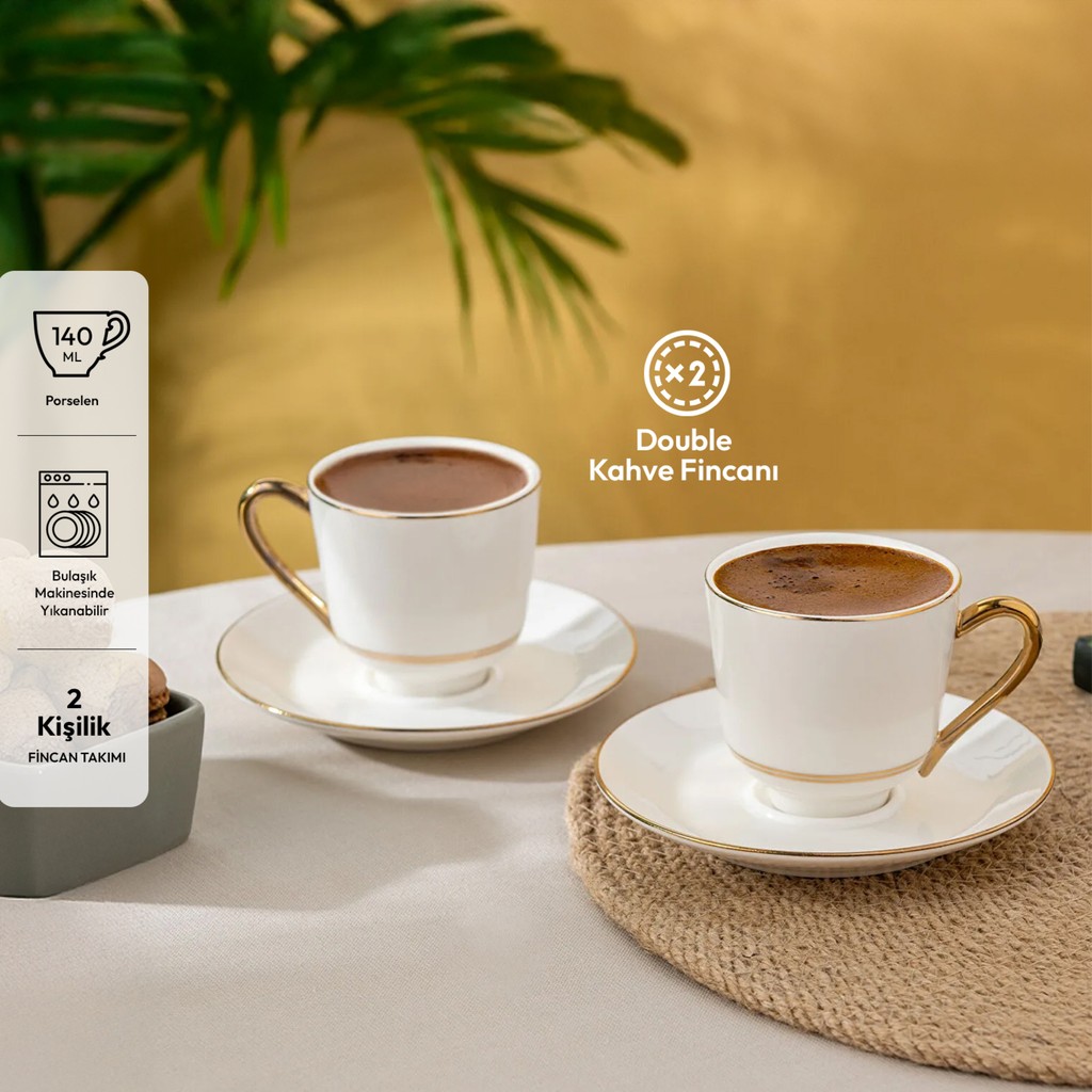 İstanbul Porselen Semin 2 Kişilik Kahve Fincan Takımı Gold 140 ml - Beyaz - 2 Adet Fincan / Bardak / Kahve Takımı Fiyatı
